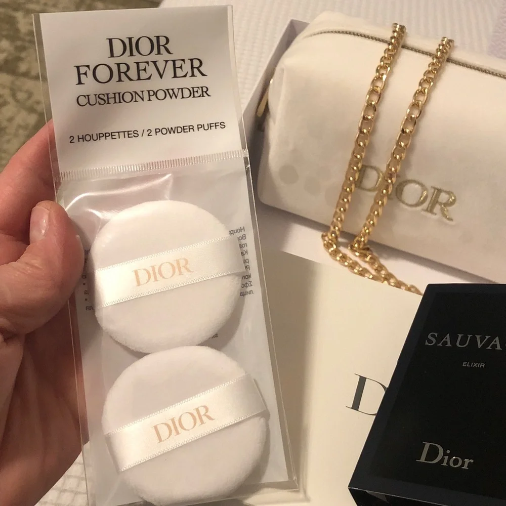 Dior Cream and Gold Cosmetic Pouch with Sauvage Samples